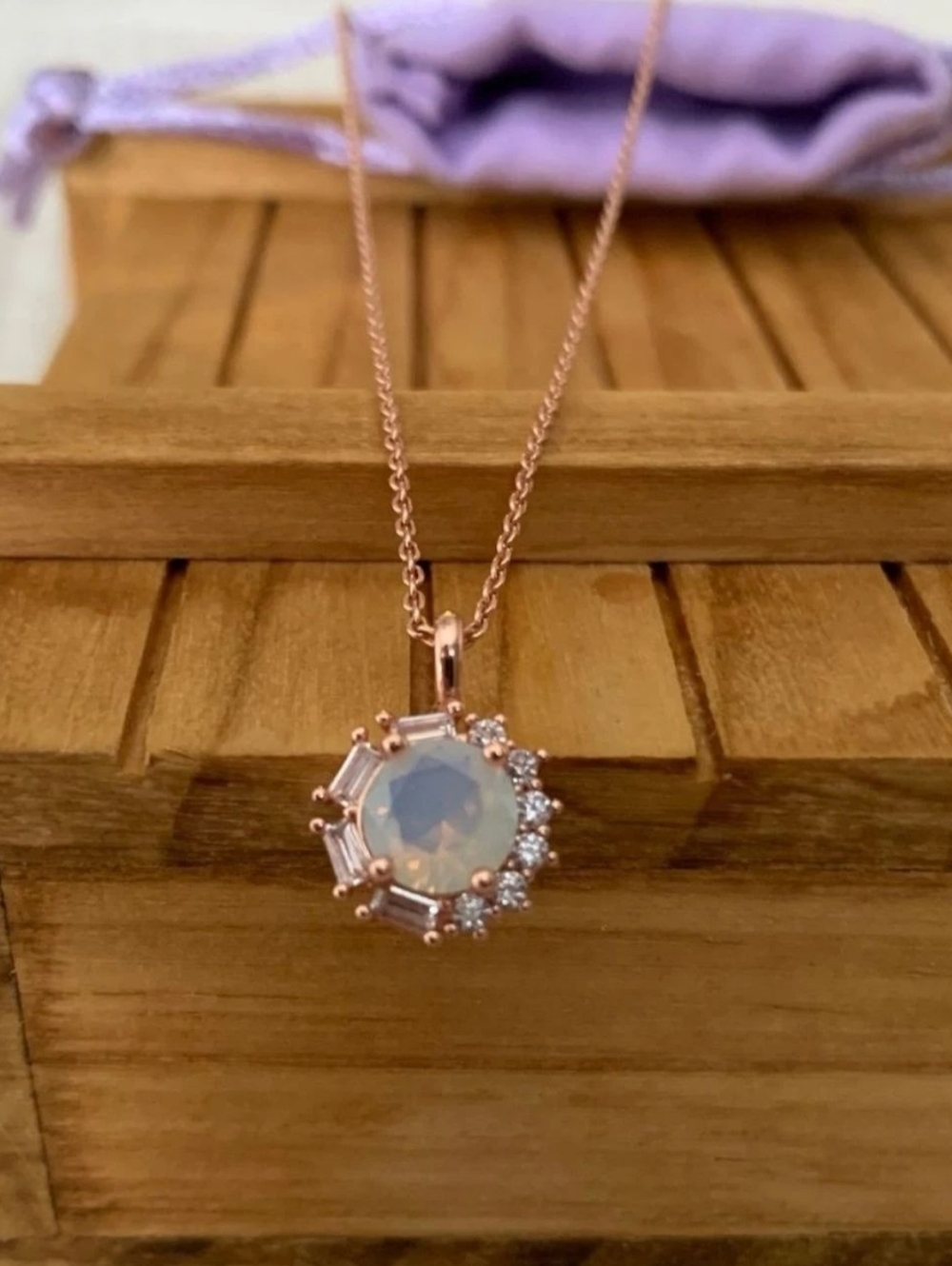 Rose Gold Necklace With White Moonstone And Assymetric Sun Pendant By Oomiay